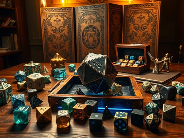 A detailed display of large DnD dice including d20, d12, and d8 sets on a wooden table with fantasy-themed decor