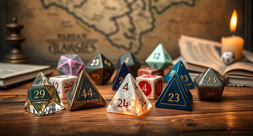 Vintage d4 dice set with glowing designs for tabletop RPG