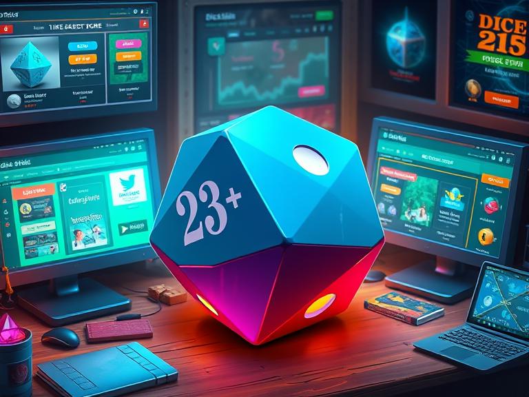 A large D20 dice surrounded by fantasy-themed online store elements, showing where to buy large D20 dice with best deals.