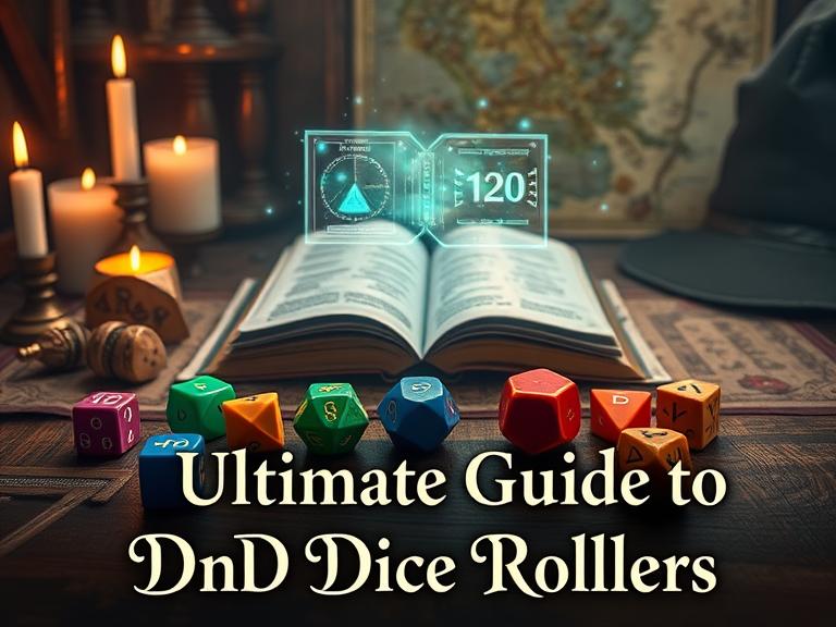 Fantasy-themed tabletop with polyhedral DnD dice roller open pollbook, and magical interface.