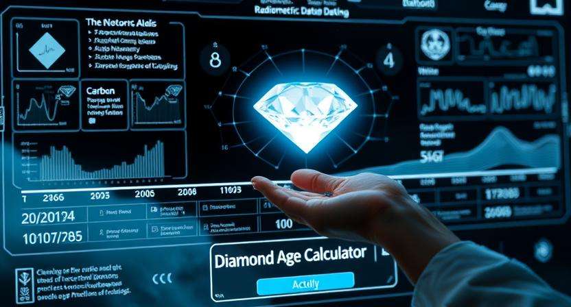 Futuristic interface displaying a glowing diamond and interactive elements of a diamond age calculator.