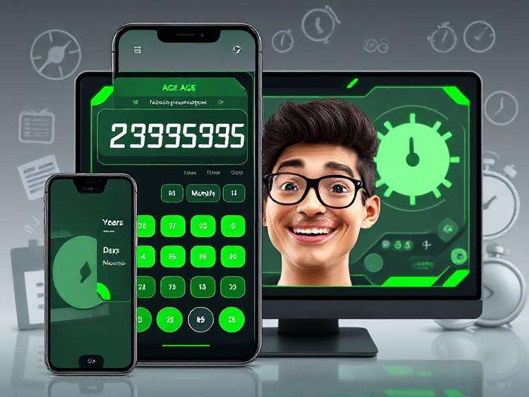 Super Duper Age Calculator interface on mobile and desktop screens with vibrant green design and amazed user