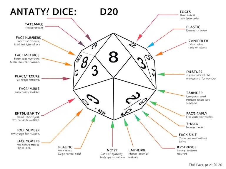 Labeled diagram showing the anatomy of a D20 dice with faces, edges, and vertices.