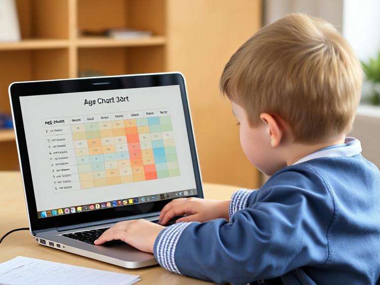 Child looking at an age year chart on a laptop screen to calculate age by birth year