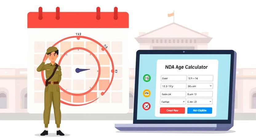 Illustration of NDA Age Calculator with army aspirant, calendar, and eligibility result on laptop