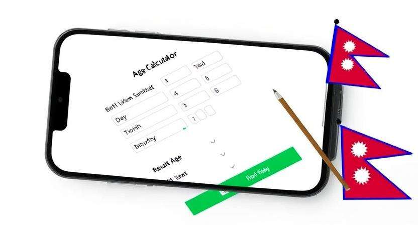Mobile interface of age calculator Nepali tool with Nepali flags and Bikram Sambal input fields