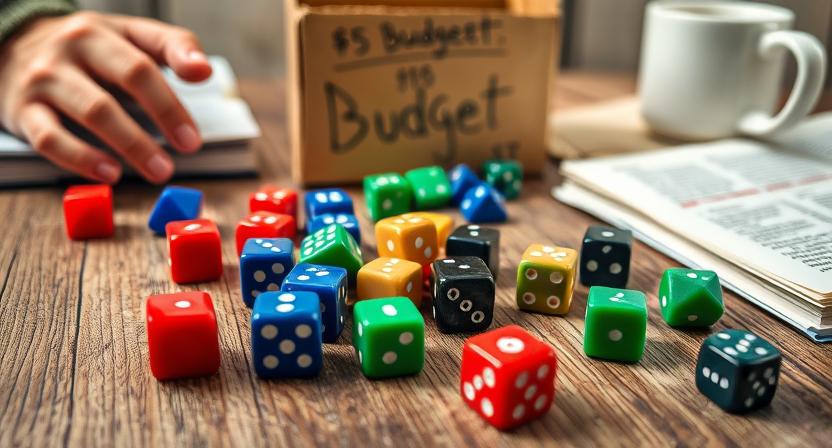 Colorful d10 dice set scattered on a wooden table with a budget planning background.