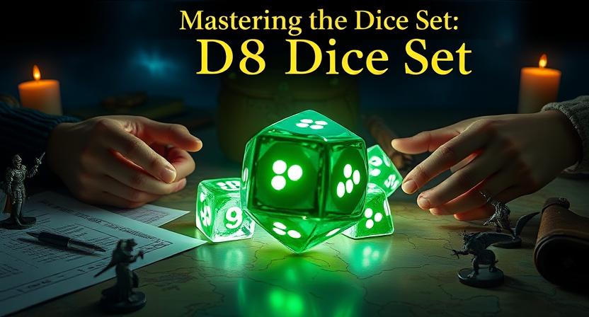 Fantasy-themed glowing green d8 dice set used in tabletop RPG games like Dungeons & Dragons.