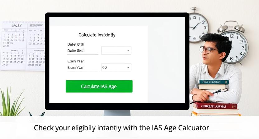 IAS Age Calculator tool showing birth date and exam year input with UPSC aspirant