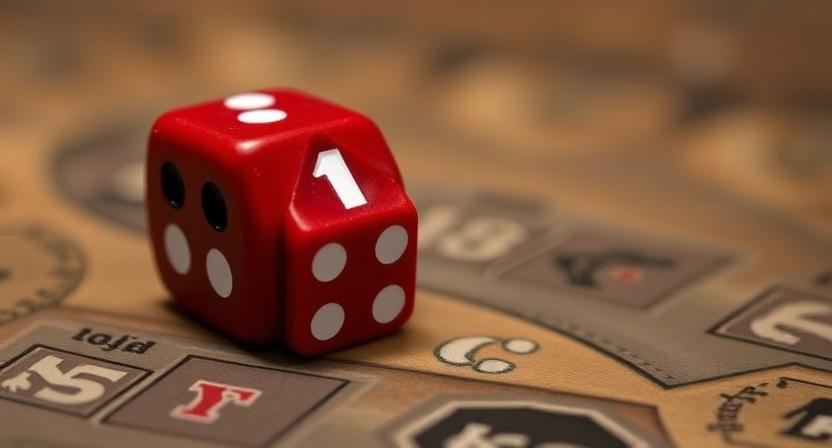 Close-up of a red d8 dice set placed on a game board for tabletop gaming.