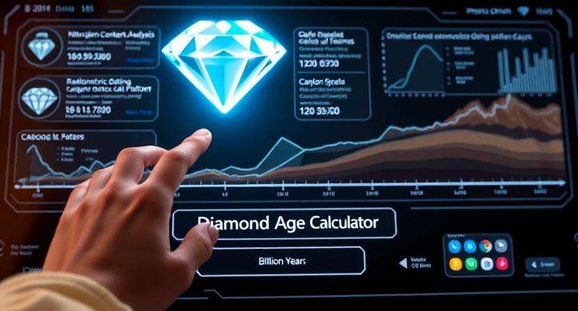 Modern digital display with a luminous diamond and hand interacting with a diamond age calculator.
