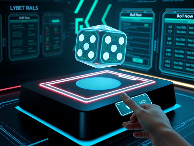 Futuristic digital D20 dice roller with glowing dice and holographic roll results.