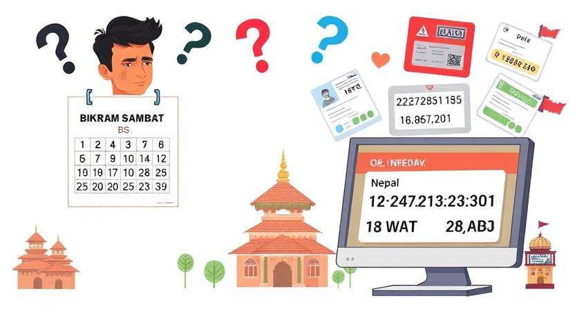 Confused man using age calculator Nepali with BS and AD documents and birth date on screen