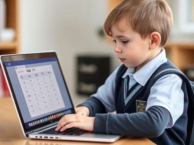 Child using a laptop with a school admission age calculator on screen