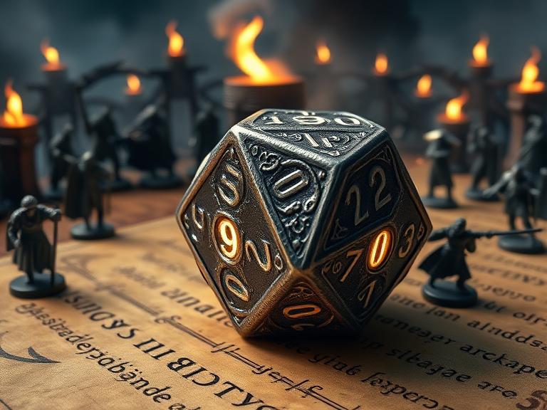 A glowing percentile dice set with detailed d10 units die on a mystical battlefield surrounded by miniature warrior figures.