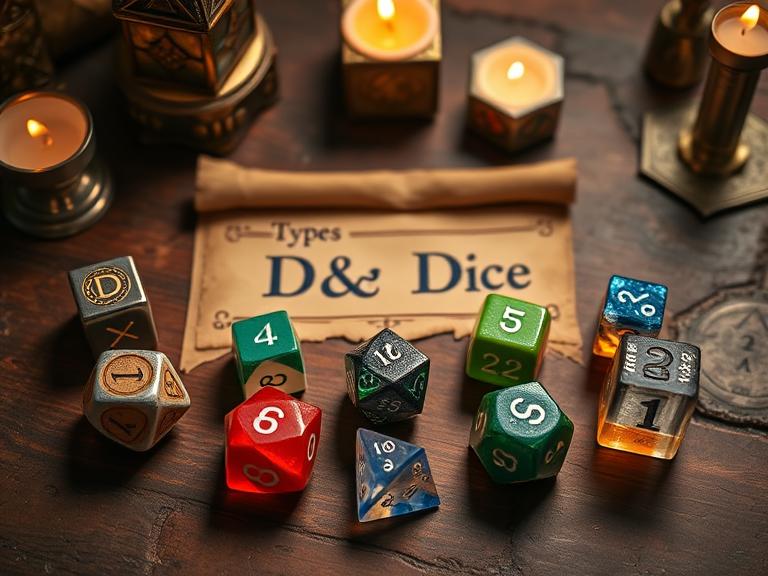 Various types of D&D dice arranged on a wooden table with candlelight ambiance