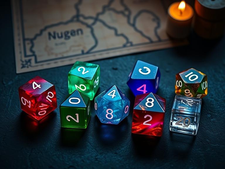 Colorful types of D&D dice placed beside a fantasy map and glowing candle