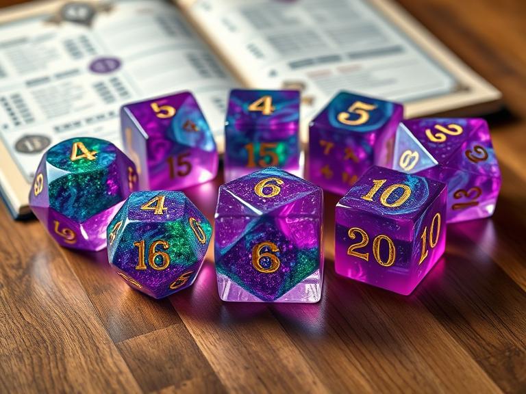 Large multi sided dice set with glittery resin finish arranged on a wooden table beside a tabletop RPG book.